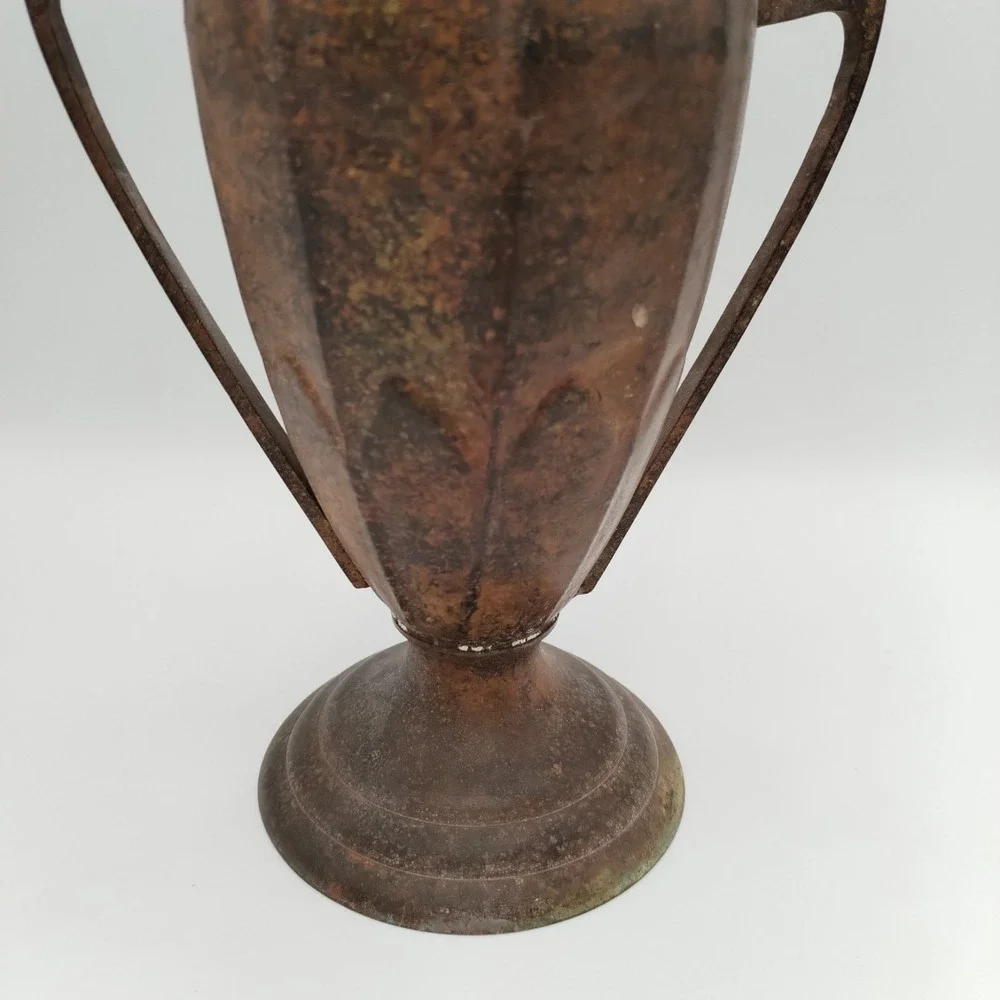 Vintage 10 In Solid Brass Double Handle Urn Vase Grecian Vessel Rustic Patina